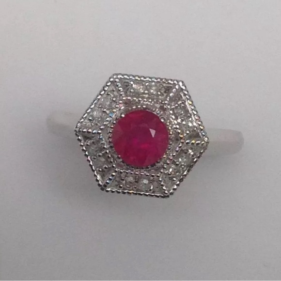 14k White Gold Natural Round Ruby and Diamond Pave Accent Ring Size 7 New